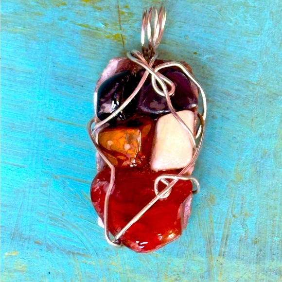 Handmade Jewelry - Necklace Pendant, Handmade assemblage Wire Wrapped real Stones Resin Set 4300 G